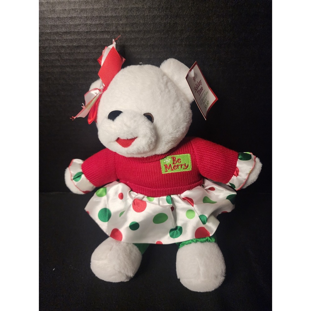 Dan Dee Snowflake Teddy 2014 White Plush Bear Red Green Polka Dot Dress 12 inch